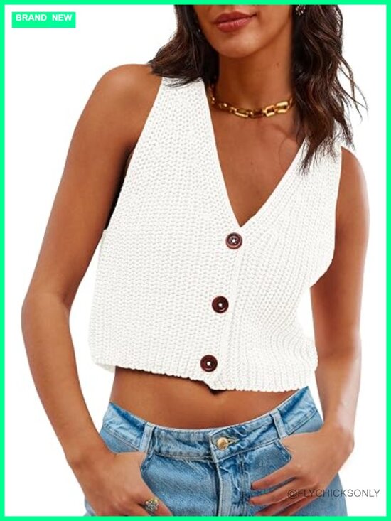 Sweaters - Chunky Knit Cropped Sweater Vest V-Neck Button Down Sleeveless Y2K Top